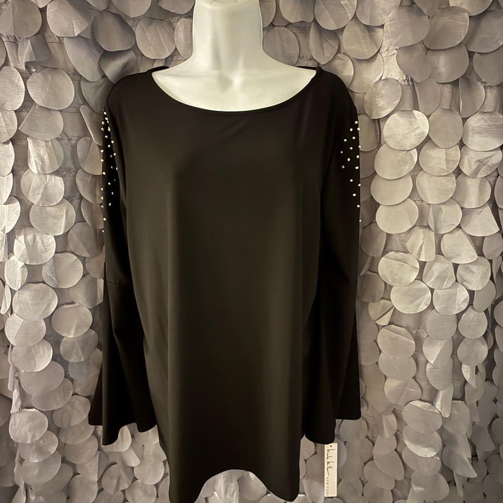 Elegant Black Cold Shoulder Long Sleeve Top with Silver Accents